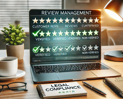 DALL·E 2025-02-04 00.33.44 - A professional digital-themed image with a modern laptop displaying a review management dashboard. The screen shows customer reviews with verification recensioni online