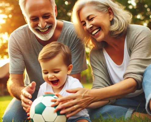 DALL·E 2025-03-13 21.59.35 - A warm and emotional image of grandparents playing joyfully with their grandchild in a park. The grandparents, a smiling elderly couple, are engaging nonni nipoti separazione