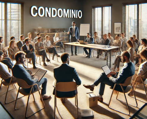 DALL·E 2025-03-17 18.43.11 - Un'assemblea condominiale in una sala riunioni moderna. L'amministratore di condominio, vestito in modo professionale, è in piedi davanti a una scriva assemblea condominio
